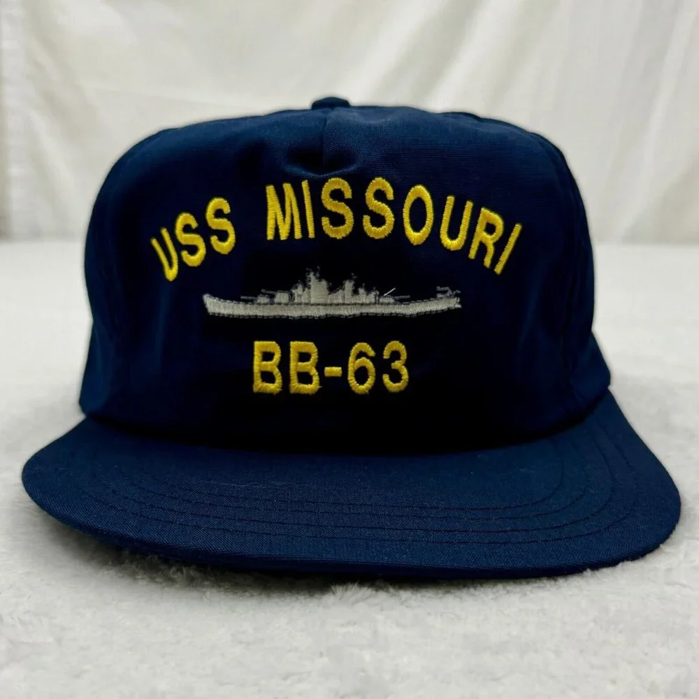 Vintage USS Missouri BB-63 Battleship Navy Snapback Cap Embroidered Blue (B)